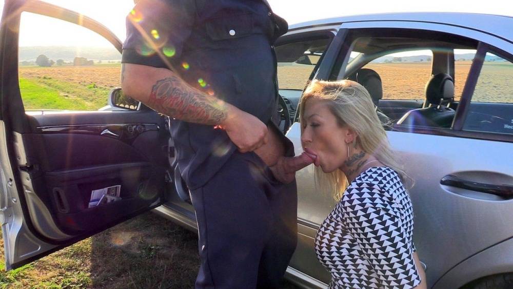 Blonde amateur Evi Sky gets on her knees for a cumshot from a police officer - #10