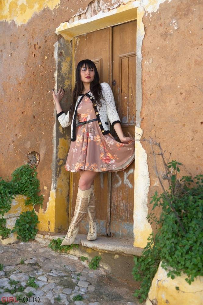 Asian model Sophia Jade flashes her upskirt panties on a cobblestone street - #4