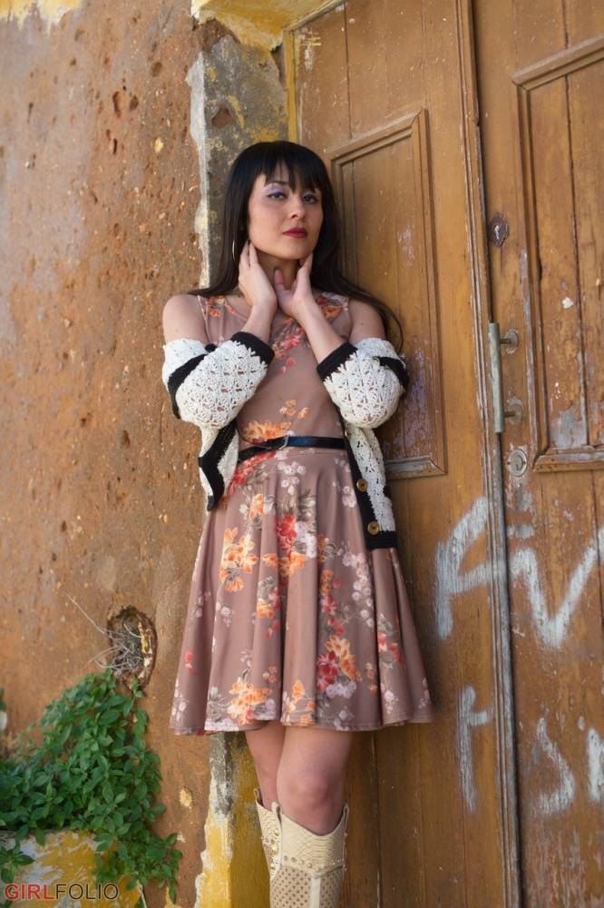Asian model Sophia Jade flashes her upskirt panties on a cobblestone street - #5