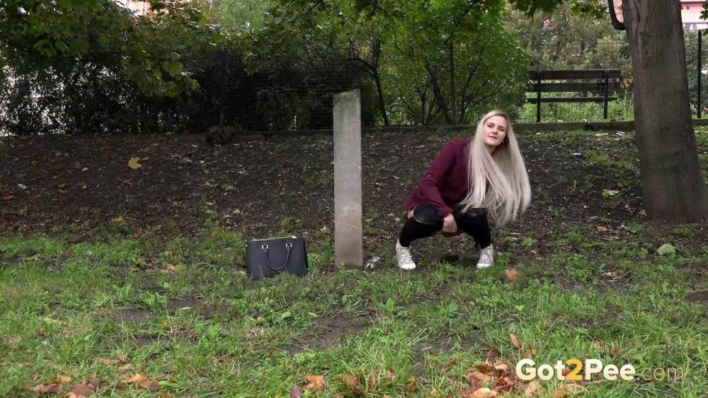 Dirty blonde female can't hold her pee any longer and pisses in public park | Photo: 1493291