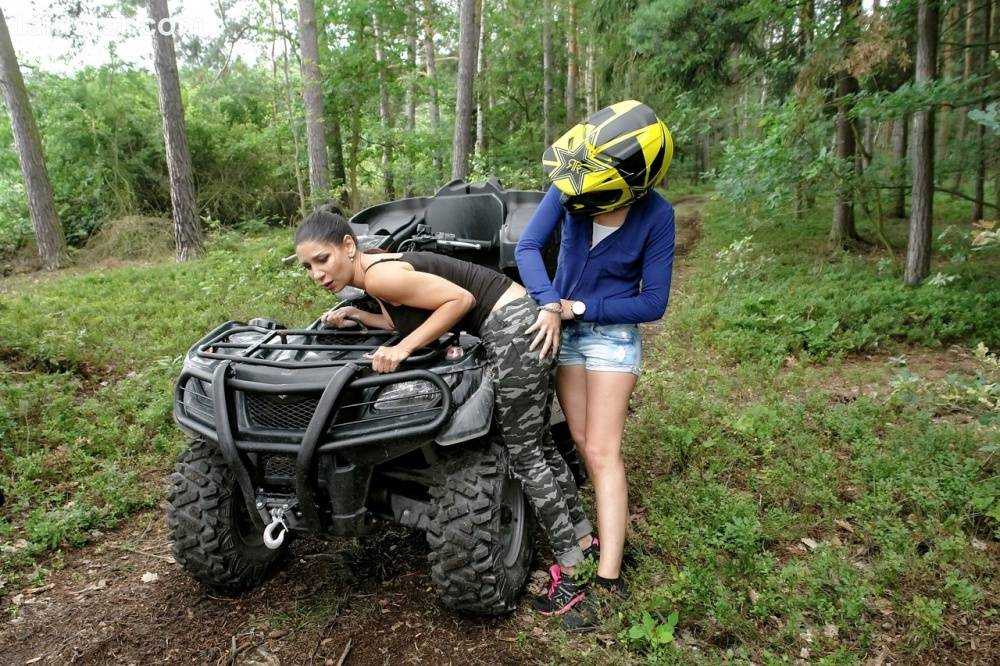 Brunette chicks take an ATV into the woods to explore lesbian sex - #4