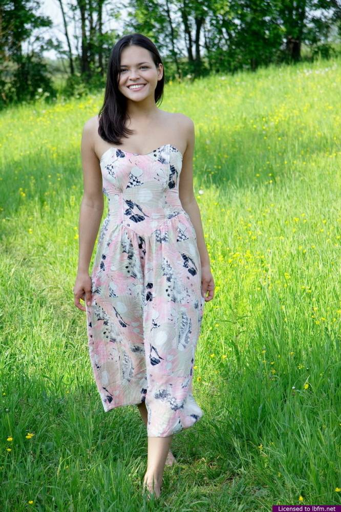 Nice Asian teen frees her breasts and pussy from her dress in a grassy meadow | Photo: 1547849