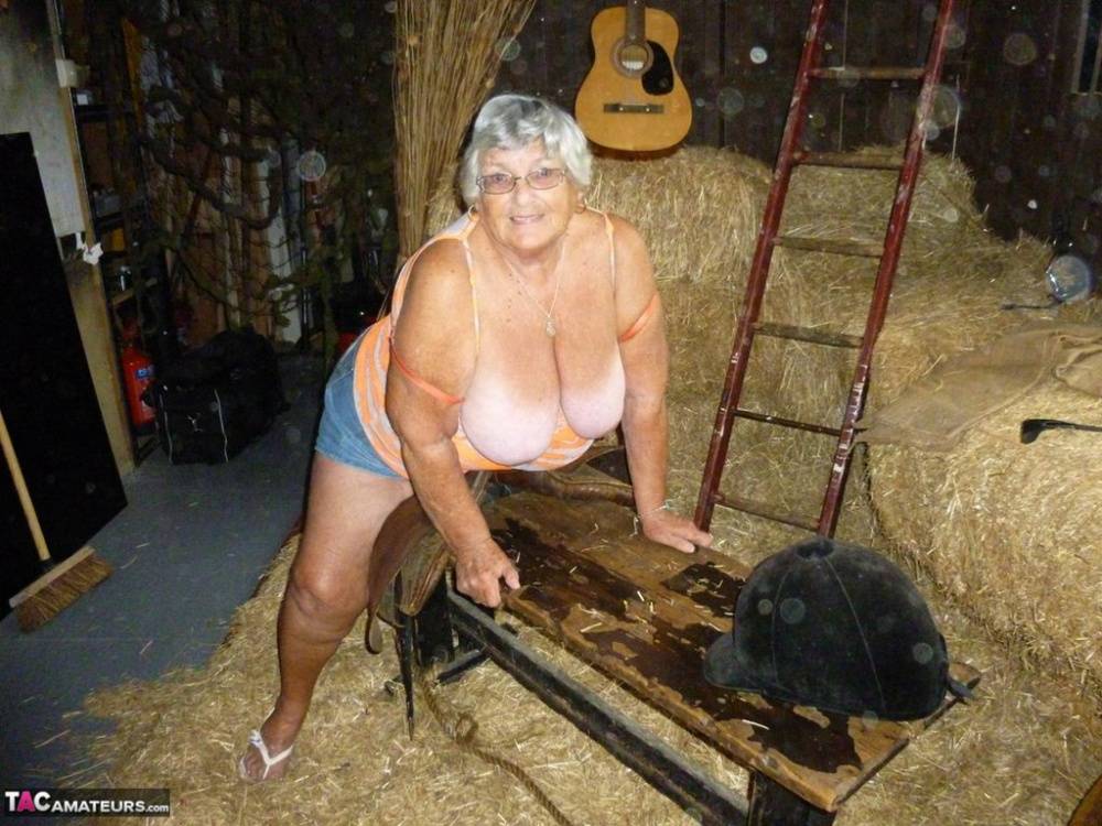 Fat oma Grandma Libby gets naked in a barn while playing acoustic guitar - #14