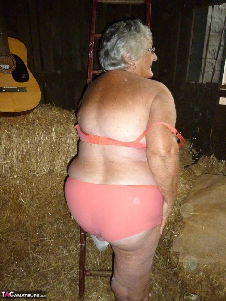 Fat oma Grandma Libby gets naked in a barn while playing acoustic guitar - #3