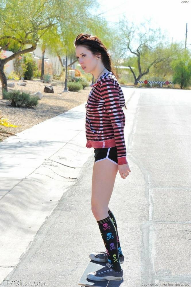 Brunette skater boards topless down the street & drops shorts to flash ass - #16