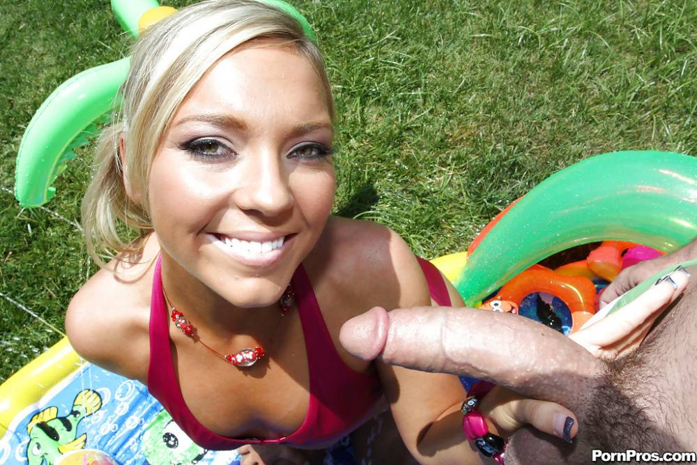Kinky teen Ally Kay blows a huge dick outdoors and gets face covered with jizz - #16