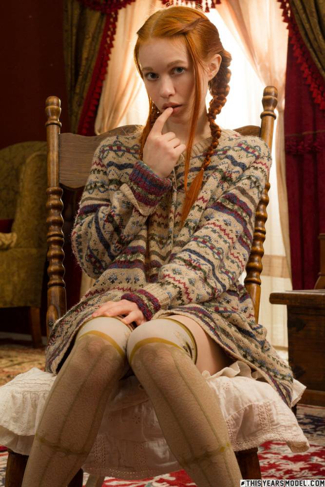 Young looking redhead Dolly Little gets naked in over the knee socks - #3