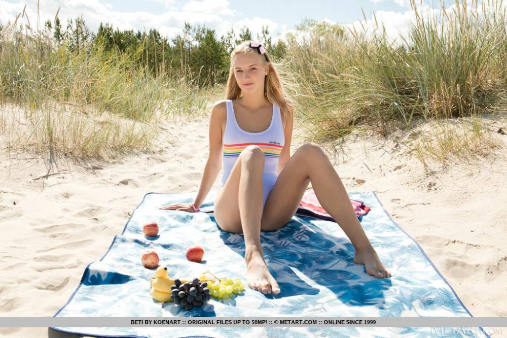 Young blonde Beti reveals her tan lined body on a beach blanket | Photo: 1658312