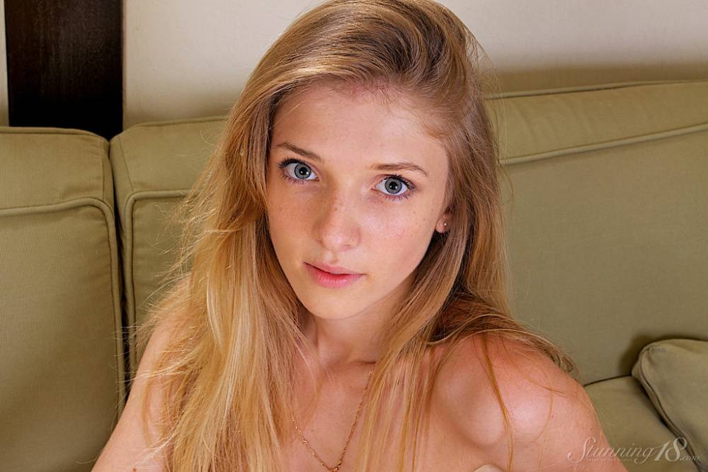 Barely legal girl Kat B gets completely naked upon a sofa by herself - #12