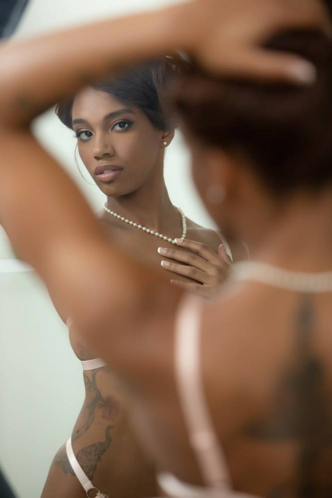 Beautiful ebony model Lacey London gets totally naked in front of a mirror - #1