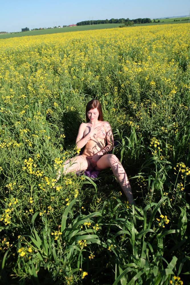 Young redhead gets completely naked in a field of Rapeseed - #11