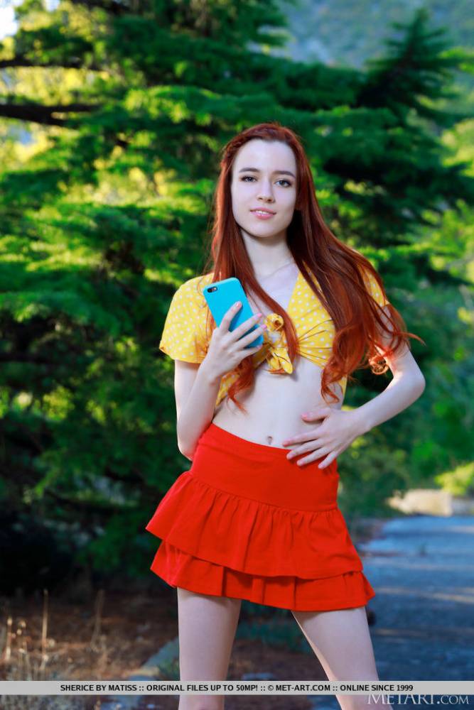 Young redhead Sherice gets totally naked after taking selfies on a forest path - #4