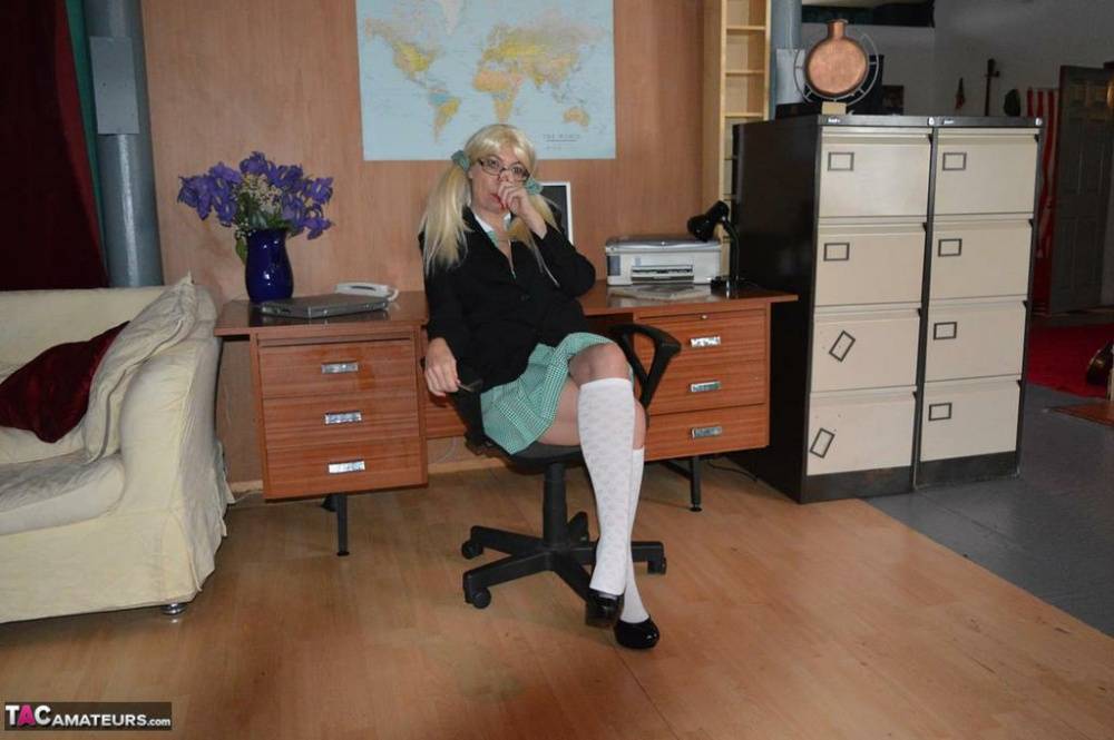 Older blonde Barby Slut exposes herself while wearing schoolgirl clothing - #8