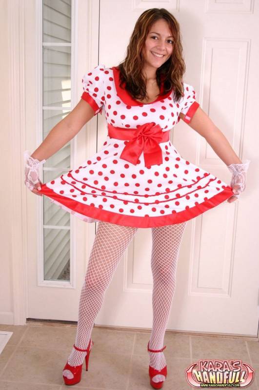 Cute teen Kara exposes white underwear in fishnets and a polka-dot dress - #6