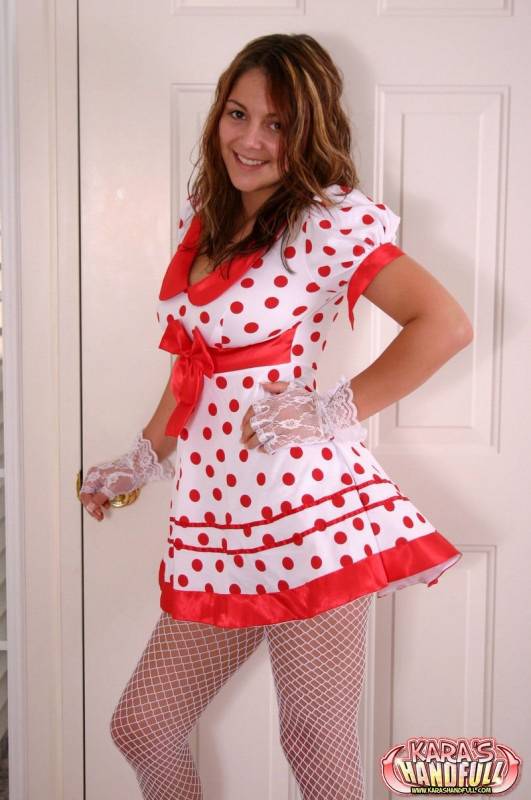Cute teen Kara exposes white underwear in fishnets and a polka-dot dress - #8