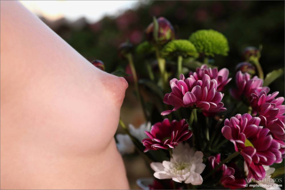 Pretty girl sports a touch of lipstick while getting bare naked in a garden - #12