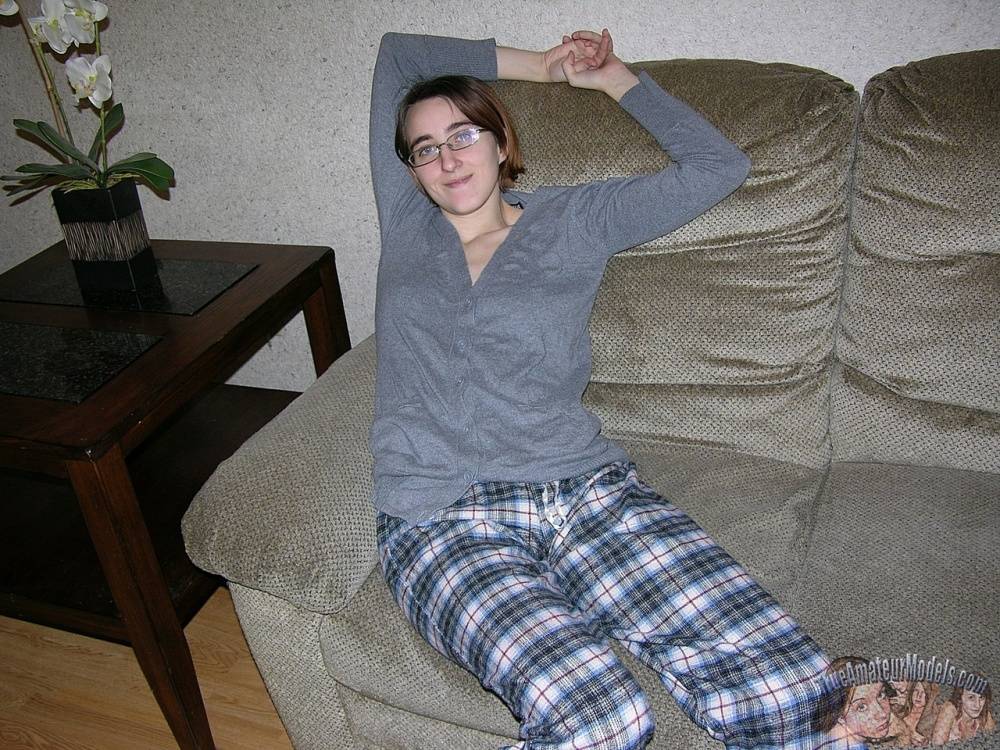 Nerdy amateur takes off her glasses and clothes while revealing her bush - #16