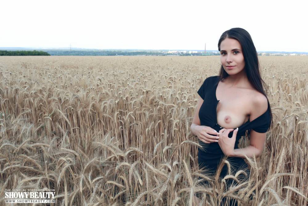 Young beauty Vanessa plays with her tight pussy in a field of wheat - #1