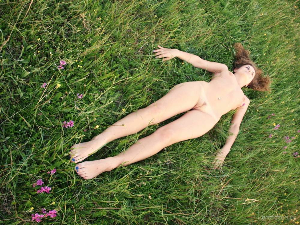 Young model Lili F ditches a little black dress to go bare naked in a field - #3