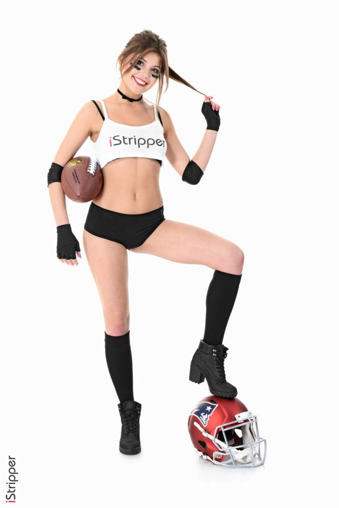 Cute girl Gulia G holds a football while getting naked in black socks & boots - #7