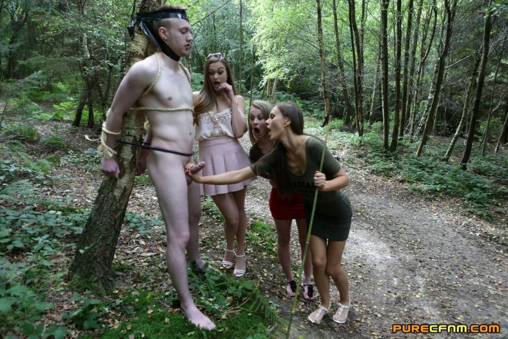 3 young girls walking in the woods find a restrained man and suck his cock - #1
