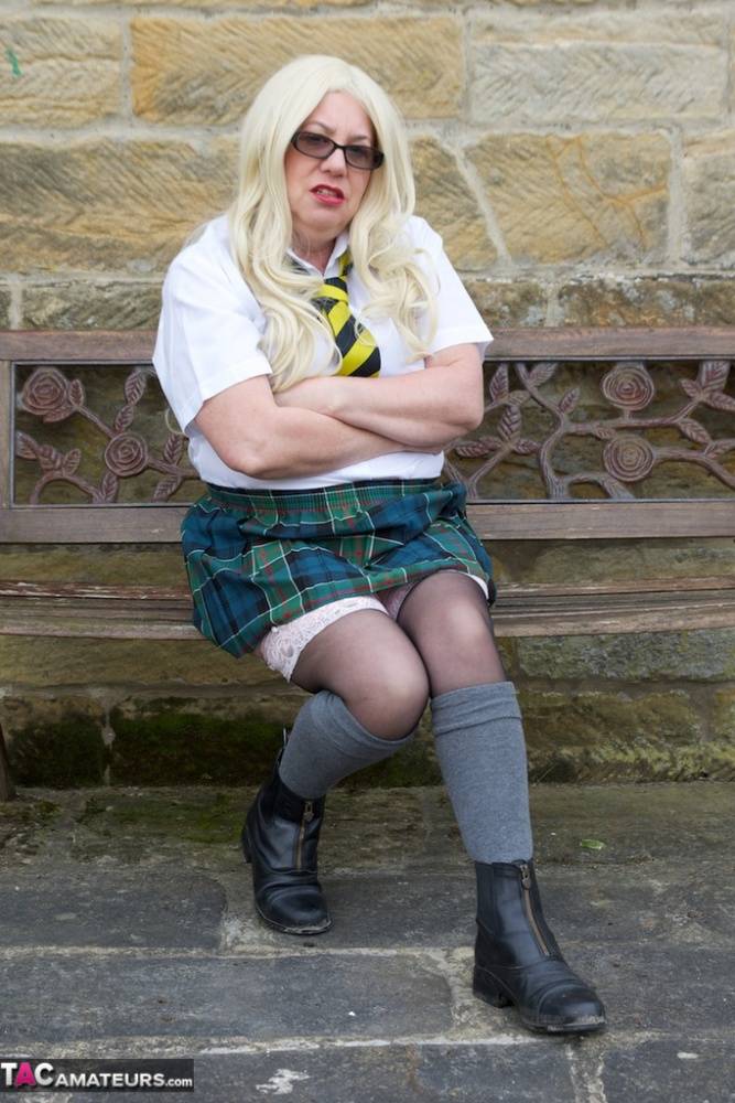 UK blonde Barby Slut masturbates on a garden bench while in schoolgirl attire - #4