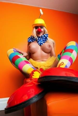 Hot cosplay MILF Leya Falcon in clown costume fondling her huge big tits - #main
