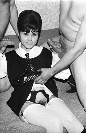 Small titted vintage schoolgirl removes her uniform for a big cock threesome | Photo: 113968