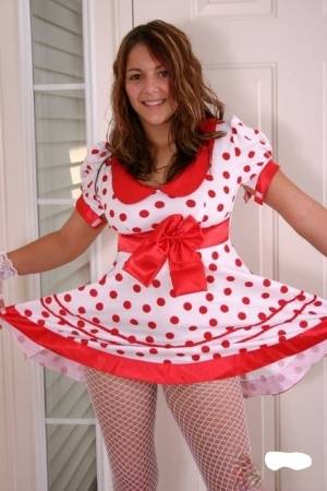 Cute teen Kara exposes white underwear in fishnets and a polka-dot dress - #main