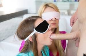 Three hot girlfriends get blindfolded for a CFNM cock taste test challenge on galphoto.com